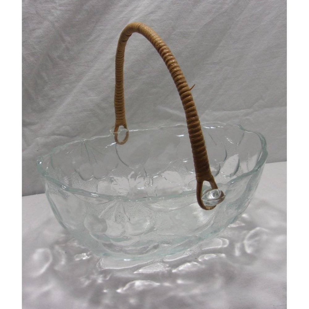 Large Oval Clear Glass Fruit Bowl Easter Egg Basket Decor w/ Rattan-Bamboo Handl